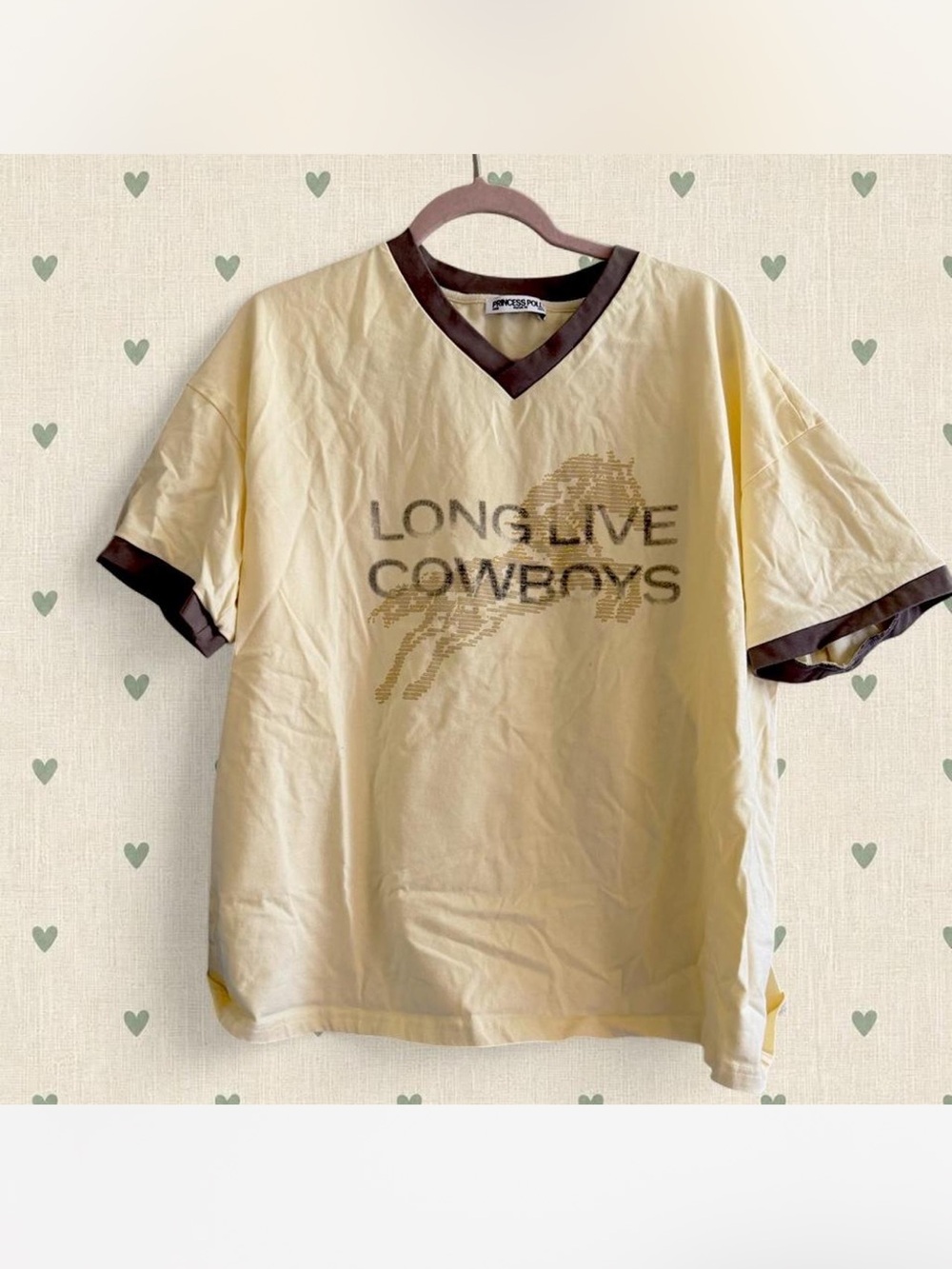 Princess Polly Cream V-Neck 'Long Live Cowboys' Tee with Brown Trim